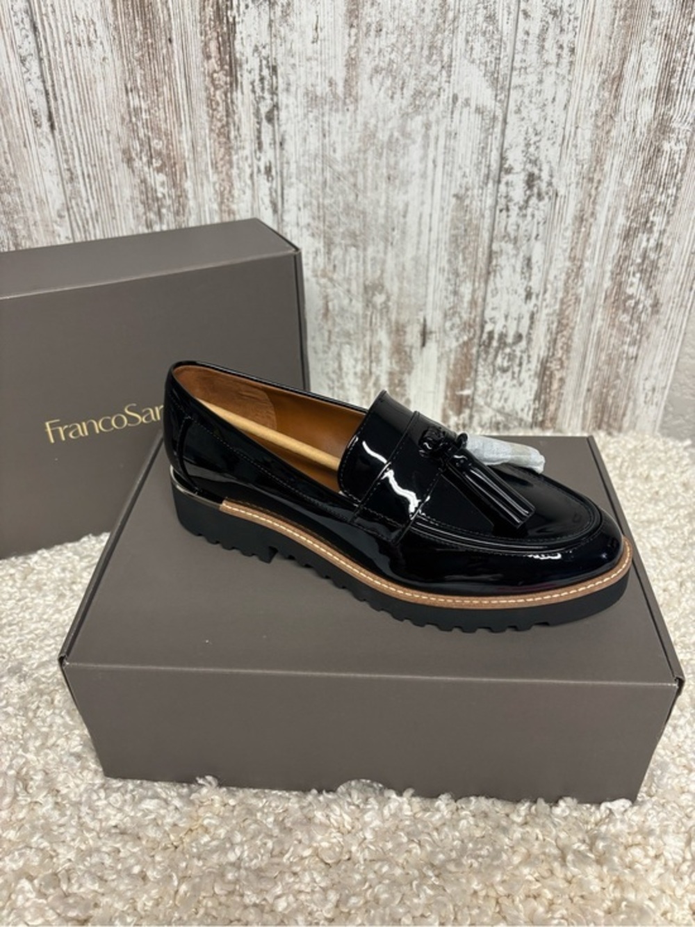 Franco Sarto Glossy Black Patent Tassel Lug Loafers